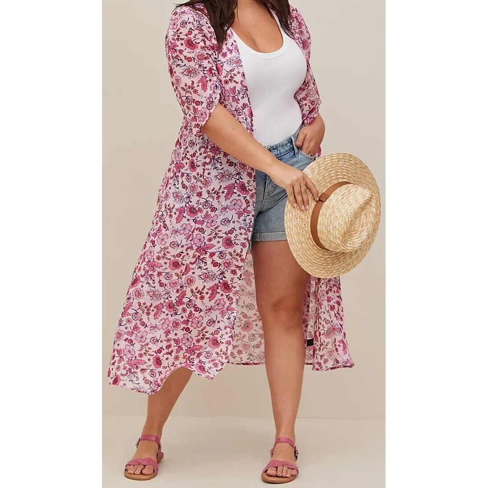 Torrid Dress Womens 2 Pink Floral V Neck Puff Sleeve Maxi Boho Pockets Tie Waist